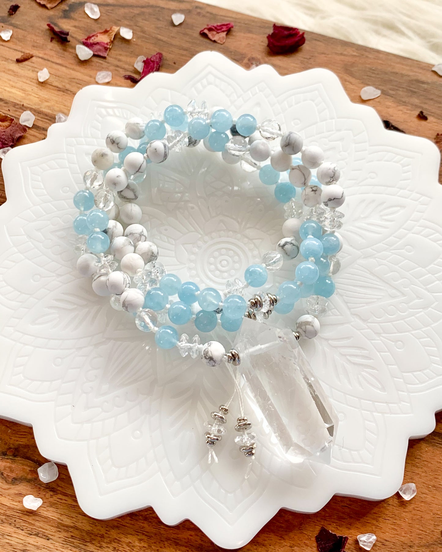 WINTER BLUES Mala Necklace | Aquamarine, Clear Quartz + Howlite