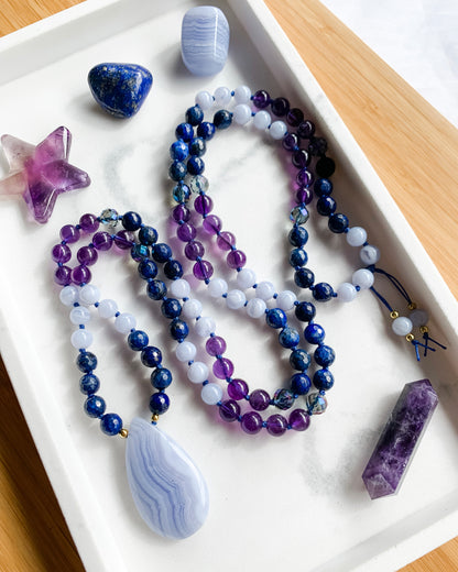 DREAM WEAVER Mala Necklace | Amethyst, Aura Quartz, Blue Lace Agate + Lapis Lazuli