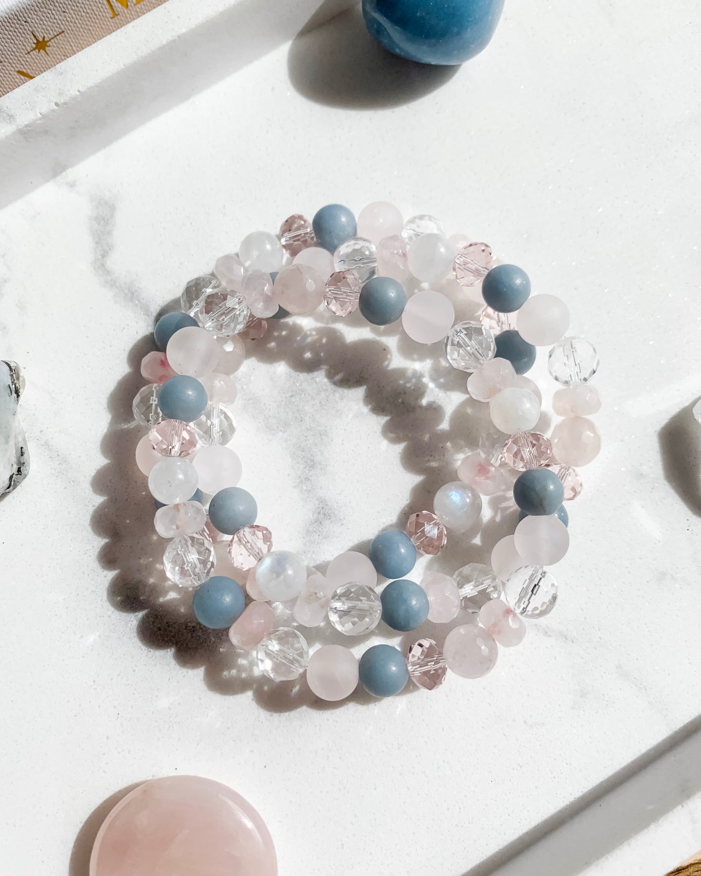 SPRINGTIME BLOSSOM Mala Bracelet | Angelite, Clear Quartz, Rainbow Moonstone + Rose Quartz